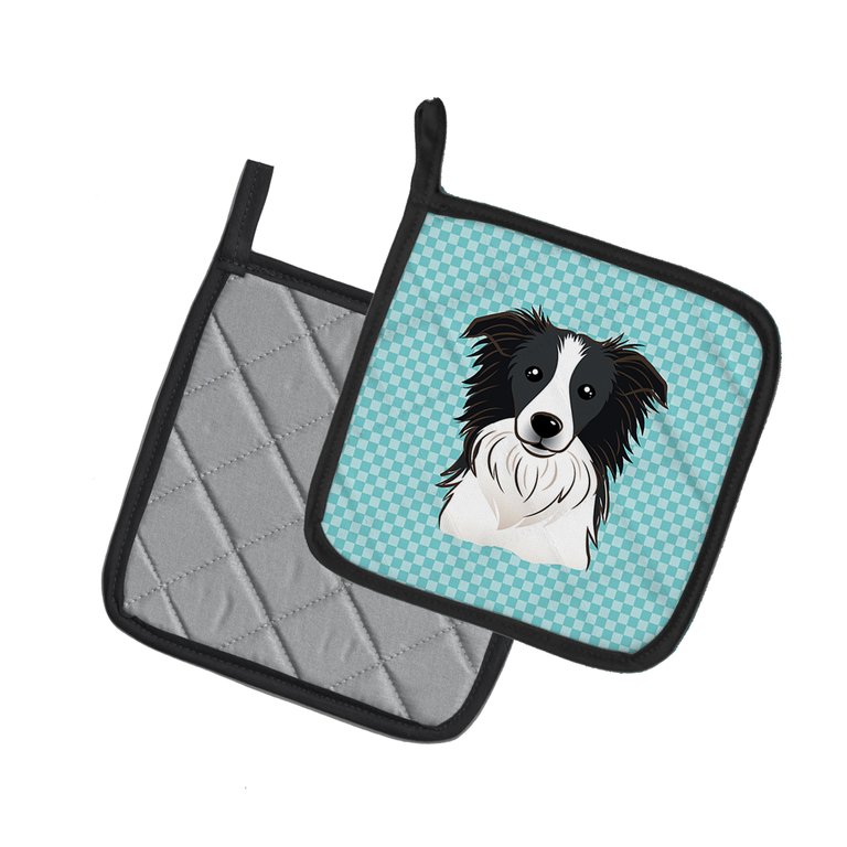 Checkerboard Blue Border Collie Pair of Pot Holders