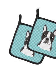 Checkerboard Blue Boston Terrier Pair of Pot Holders