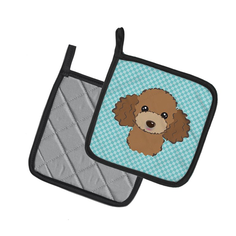 Checkerboard Blue Chocolate Brown Poodle Pair of Pot Holders