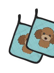 Checkerboard Blue Chocolate Brown Poodle Pair of Pot Holders