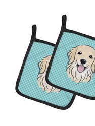 Checkerboard Blue Golden Retriever Pair of Pot Holders