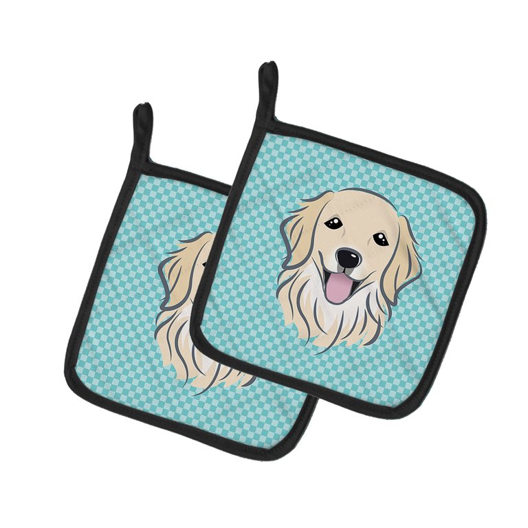 Checkerboard Blue Golden Retriever Pair of Pot Holders