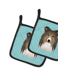 Checkerboard Blue Sheltie Pair of Pot Holders