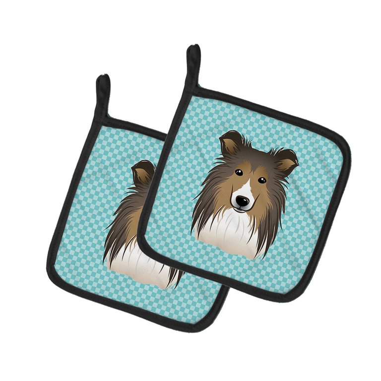 Checkerboard Blue Sheltie Pair of Pot Holders