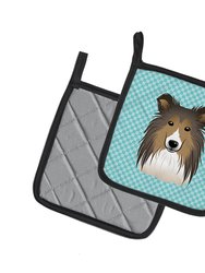 Checkerboard Blue Sheltie Pair of Pot Holders