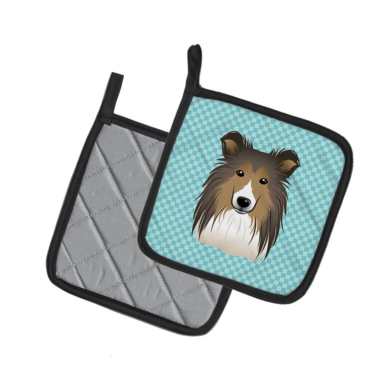 Checkerboard Blue Sheltie Pair of Pot Holders