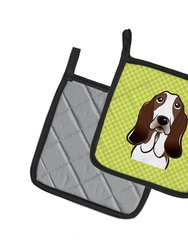 Checkerboard Lime Green Basset Hound Pair of Pot Holders