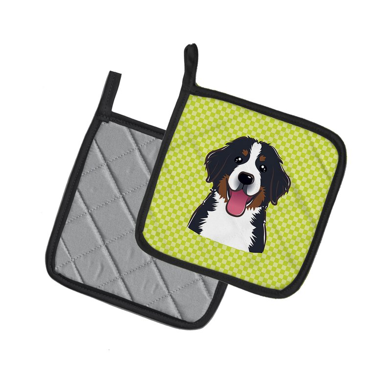 Checkerboard Lime Green Bernese Mountain Dog Pair of Pot Holders