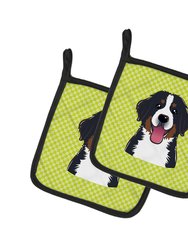 Checkerboard Lime Green Bernese Mountain Dog Pair of Pot Holders