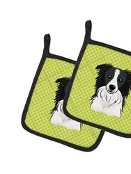 Checkerboard Lime Green Border Collie Pair of Pot Holders