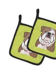 Checkerboard Lime Green English Bulldog  Pair of Pot Holders