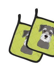 Checkerboard Lime Green Schnauzer Pair of Pot Holders
