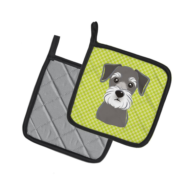 Checkerboard Lime Green Schnauzer Pair of Pot Holders