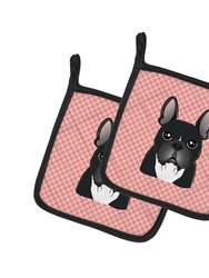 Checkerboard Pink French Bulldog Pair of Pot Holders