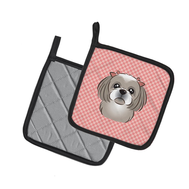 Checkerboard Pink Gray Silver Shih Tzu Pair of Pot Holders