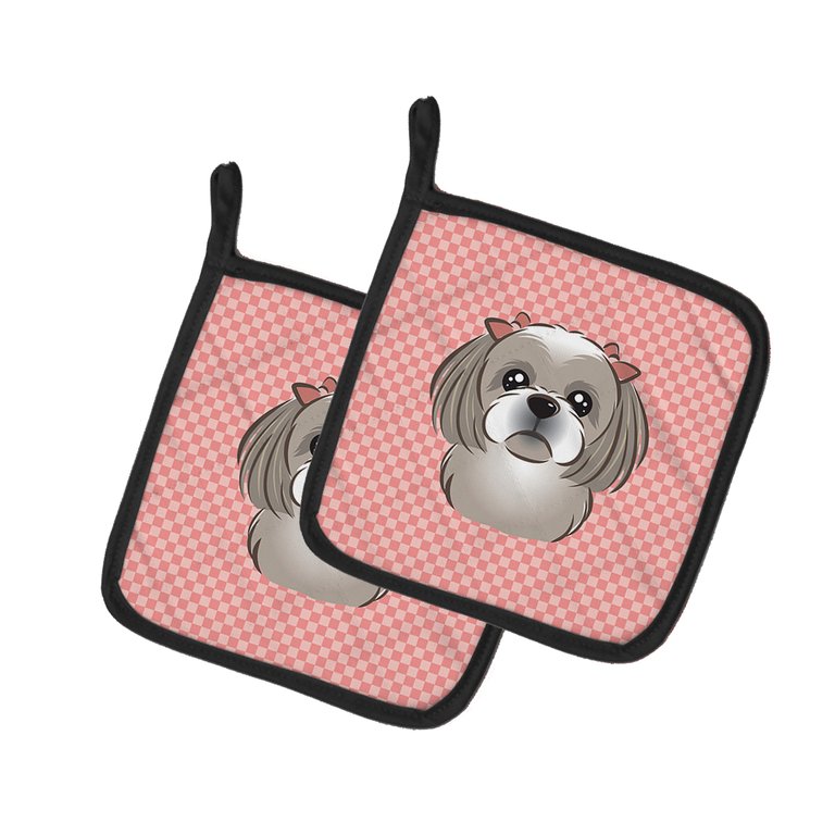 Checkerboard Pink Gray Silver Shih Tzu Pair of Pot Holders