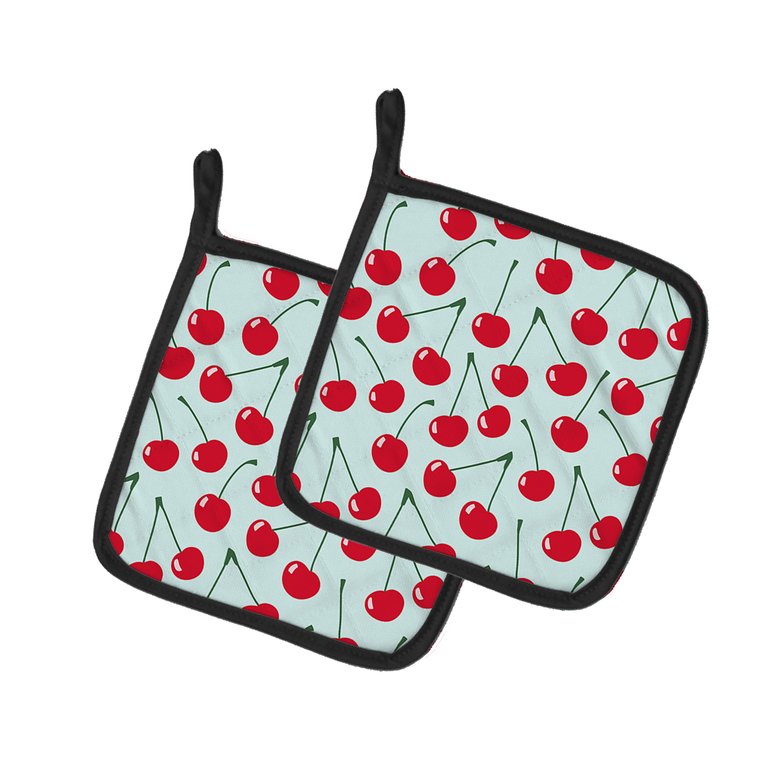 Cherries on Blue Pair of Pot Holders