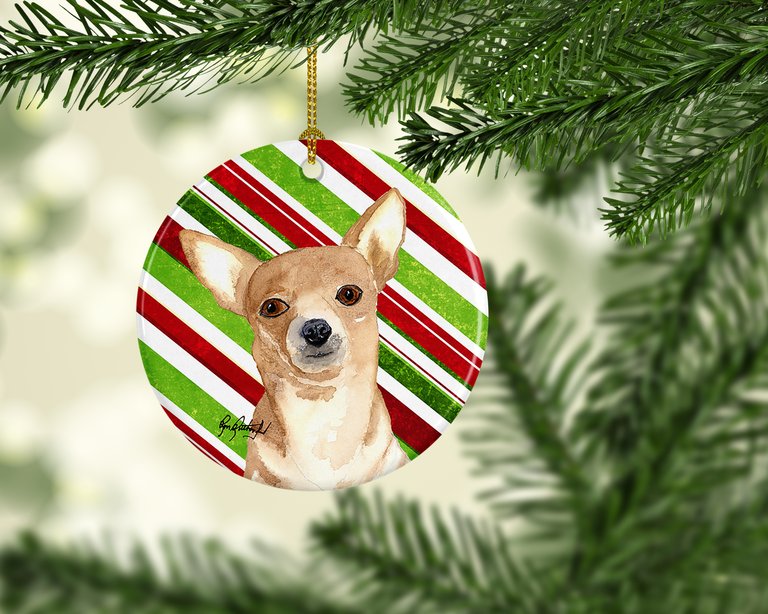Chihuahua Candy Cane Christmas Ceramic Ornament