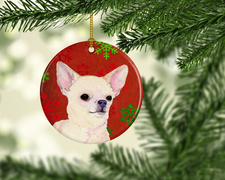 Chihuahua Red and Green Snowflakes Holiday Christmas Ceramic Ornament