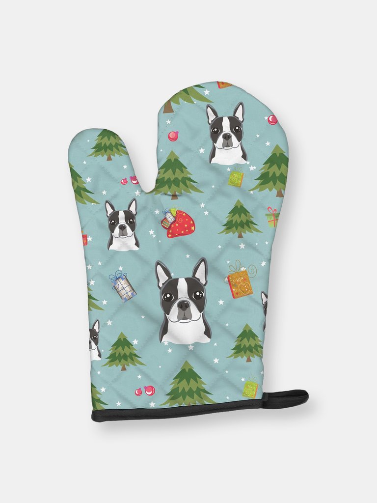 Christmas Oven Mitt With Dog Breed - Sitting Boston Terrier