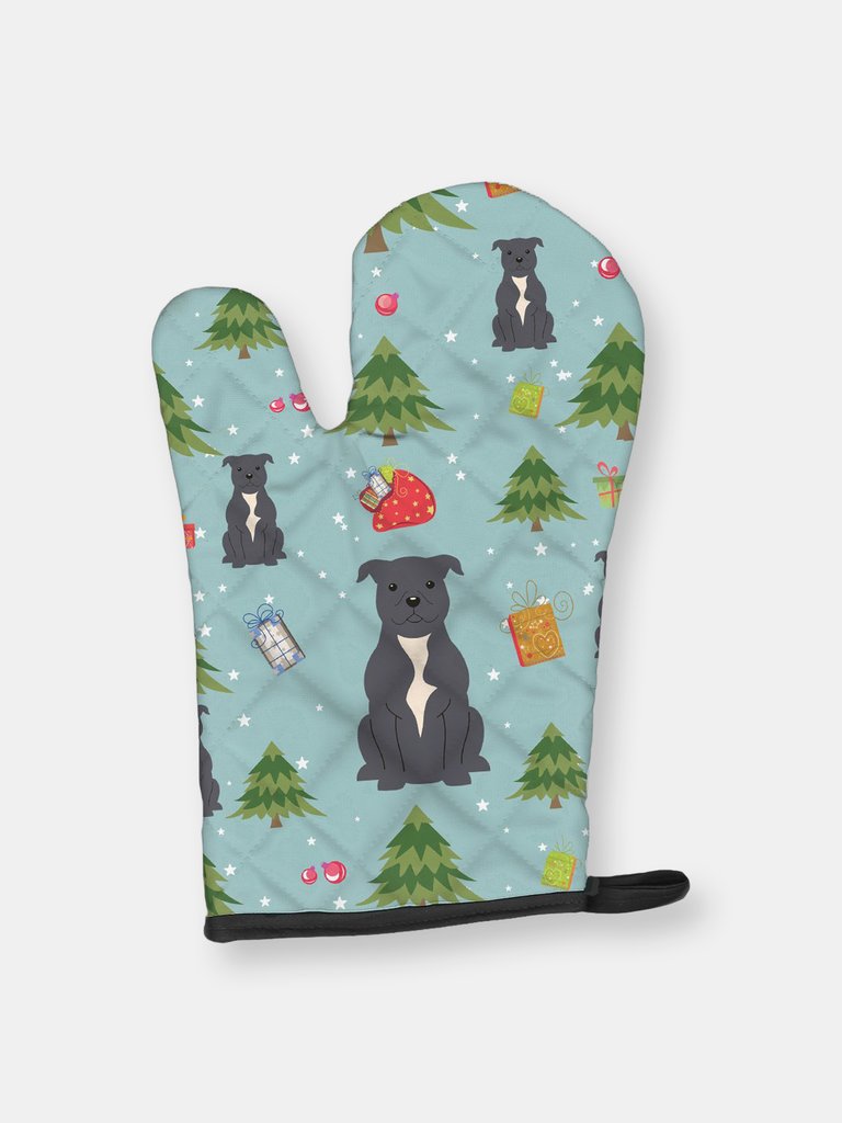 Christmas Oven Mitt With Dog Breed - Staffordshire Bull Terrier - Blue