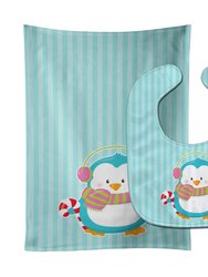 Christmas Penguin and Stripes Baby Bib & Burp Cloth