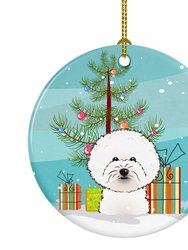 Christmas Tree and Bichon Frise Ceramic Ornament