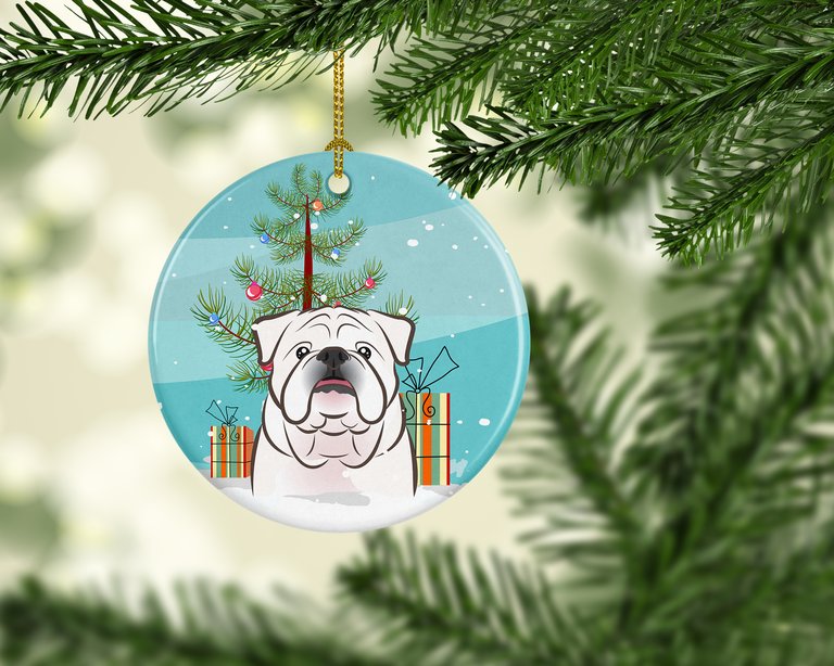 Christmas Tree and White English Bulldog  Ceramic Ornament