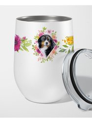  CK4118TBL12 12 oz Bernese Mountain Dog Pink Flowers Stainless Steel Stemless Wine Glass - Pink