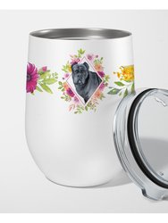 CK4125TBL12 12 oz Cane Corso Pink Flowers Stainless Steel Stemless Wine Glass