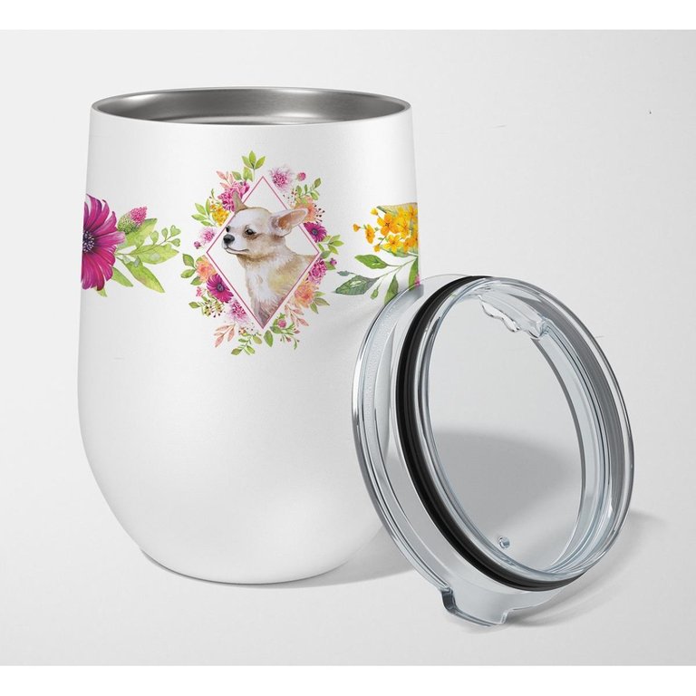 CK4129TBL12 12 Oz Chihuahua No.2 Pink Flowers Stainless Steel Stemless Wine Glass