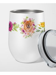 CK4131TBL12 12 oz Chow Chow No.1 Pink Flowers Stainless Steel Stemless Wine Glass