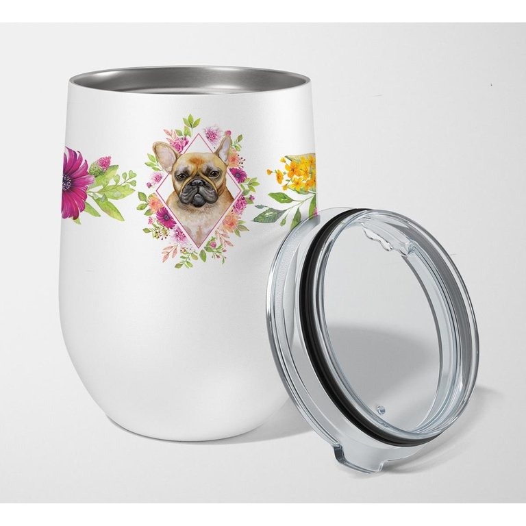 CK4144TBL12 12 oz Fawn French Bulldog Pink Flowers Stainless Steel Stemless Wine Glass