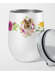 CK4146TBL12 12 oz German Shepherd No.1 Pink Flowers Stainless Steel Stemless Wine Glass - Pink