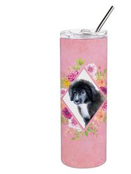 CK4164TBL20 20 oz Newfoundland Puppy Pink Flowers Double Walled Stainless Steel Skinny Tumbler - Pink