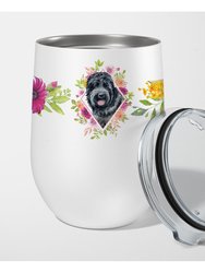 CK4176TBL12 Russian Black Terrier Pink Flowers Stainless Steel Stemless Wine Glass