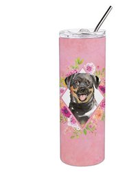 CK4217TBL20 20 Oz Rottweiler Pink Flowers Double Walled Stainless Steel Skinny Tumbler - Pink