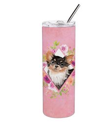 CK4225TBL20 20 Oz Longhaired Chihuahua Pink Flowers Double Walled Stainless Steel Skinny Tumbler