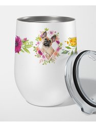 CK4238TBL12 12 Oz Fawn French Bulldog Pink Flowers Stainless Steel Stemless Wine Glass