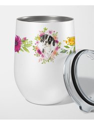 CK4239TBL12 12 Oz English Pointer Pink Flowers Stainless Steel Stemless Wine Glass