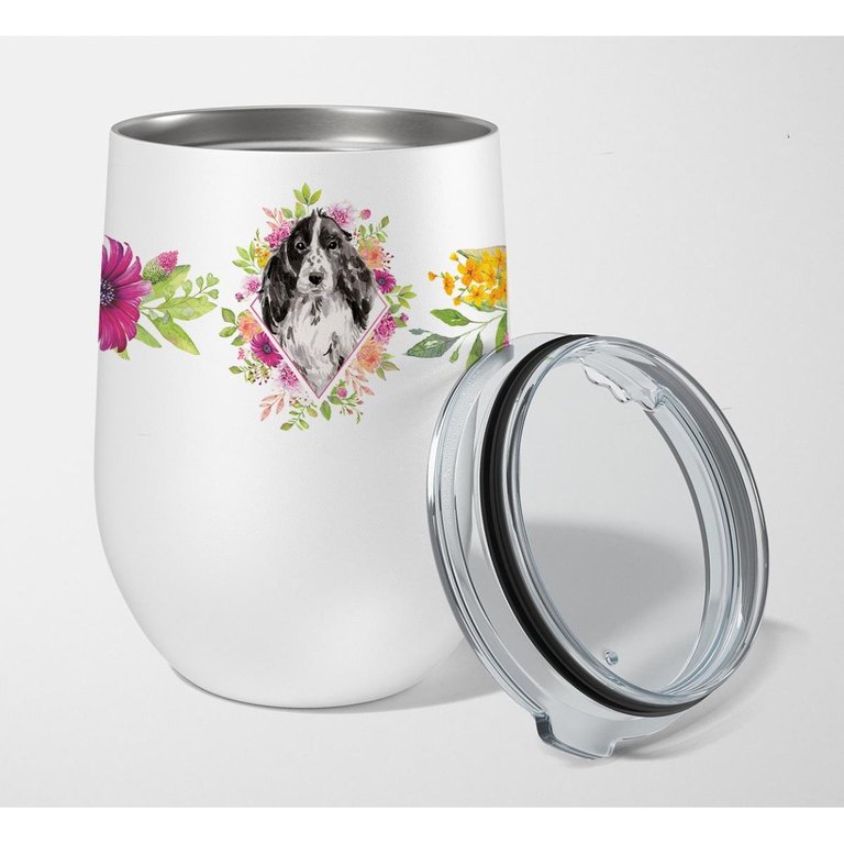 CK4244TBL12 Black Parti Cocker Spaniel Pink Flowers Stainless Steel Stemless Wine Glass