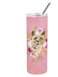 CK4250TBL20 20 oz Cairn Terrier Pink Flowers Double Walled Stainless Steel Skinny Tumbler