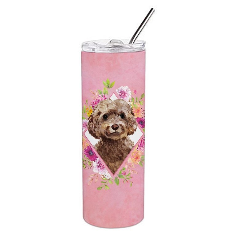 CK4253TBL20 20 Oz Chocolate Cockapoo Pink Flowers Double Walled Stainless Steel Skinny Tumbler