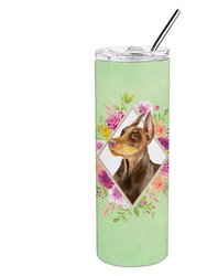 CK4298TBL20 20 Oz Doberman Pinscher Green Flowers Double Walled Stainless Steel Skinny Tumbler