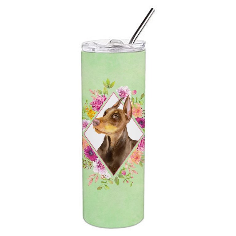 CK4298TBL20 20 Oz Doberman Pinscher Green Flowers Double Walled Stainless Steel Skinny Tumbler