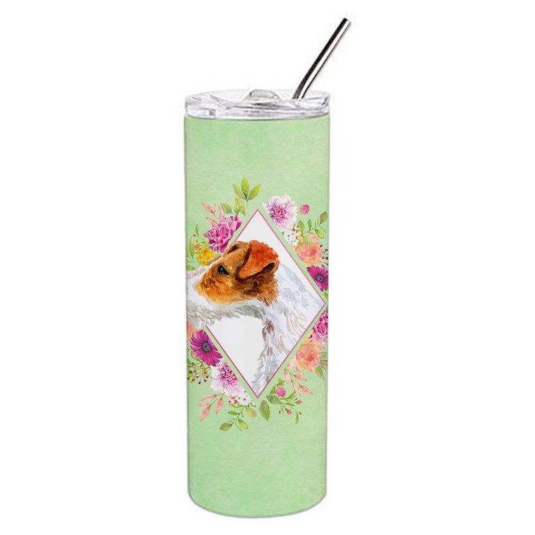 CK4302TBL20 20 oz Jack Russell Terrier No.2 Green Flowers Double Walled Stainless Steel Skinny Tumbler