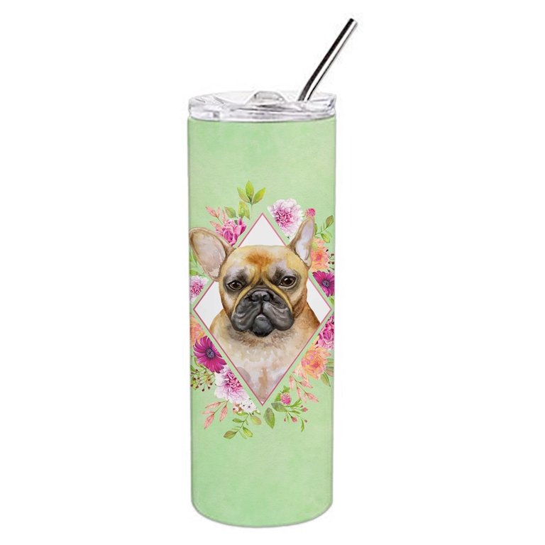 CK4304TBL20 Fawn French Bulldog Green Flowers Double Walled Stainless Steel Skinny Tumbler