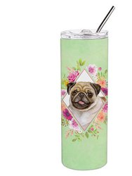 CK4334TBL20 Fawn Pug Green Flowers Double Walled Stainless Steel Skinny Tumbler