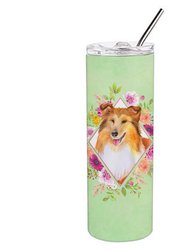 CK4342TBL20 20 oz Sheltie Shetland Sheepdog Green Flowers Double Walled Stainless Steel Skinny Tumbler