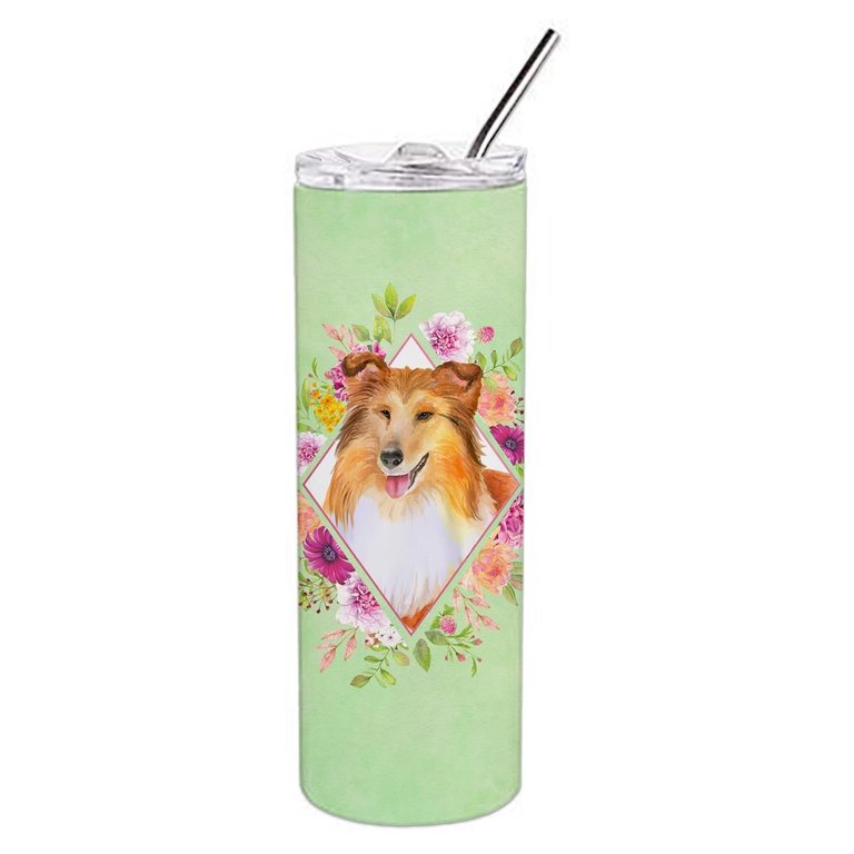 CK4342TBL20 20 oz Sheltie Shetland Sheepdog Green Flowers Double Walled Stainless Steel Skinny Tumbler